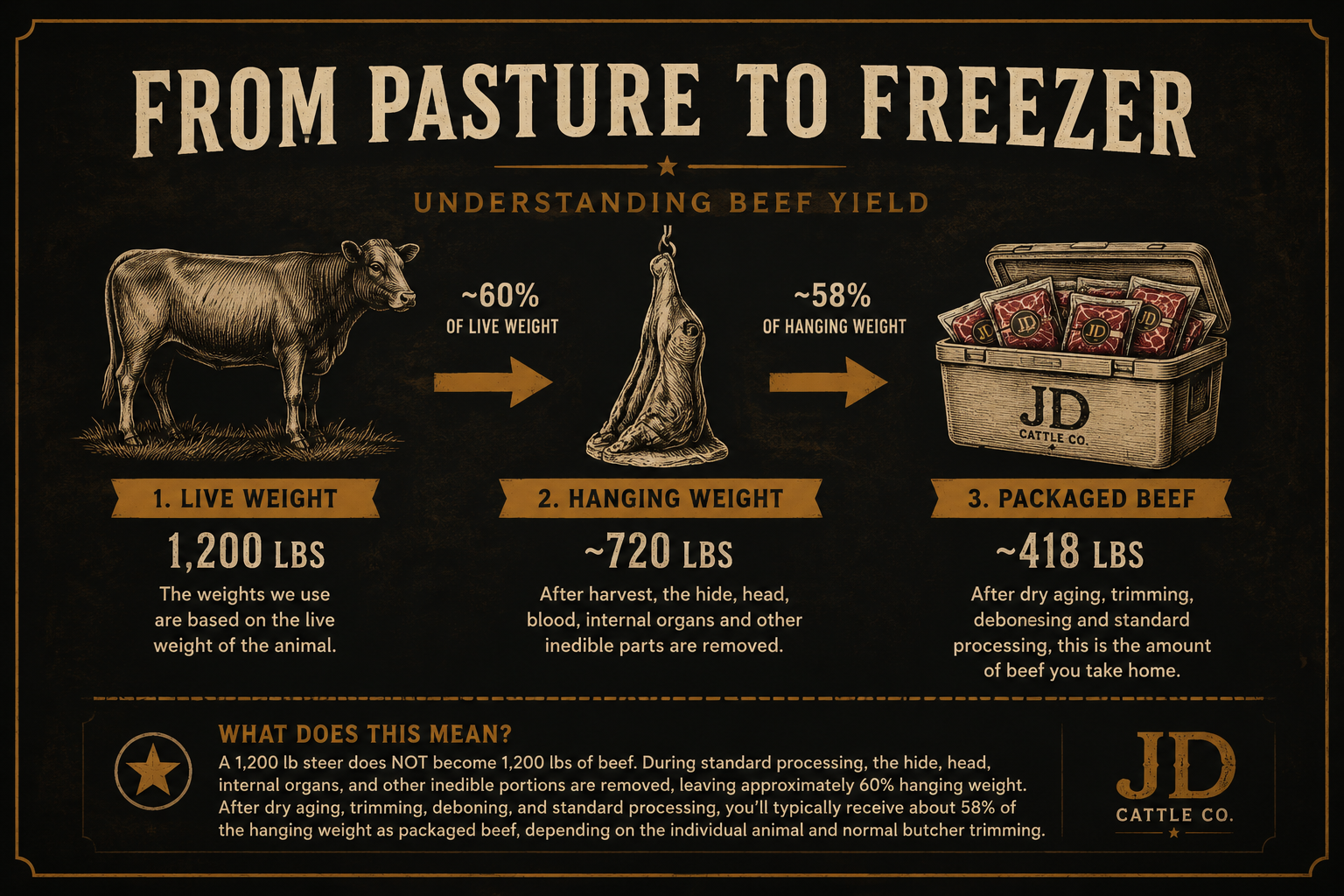 JD Cattle Co. beef yield diagram showing live weight, hanging weight, and packaged beef